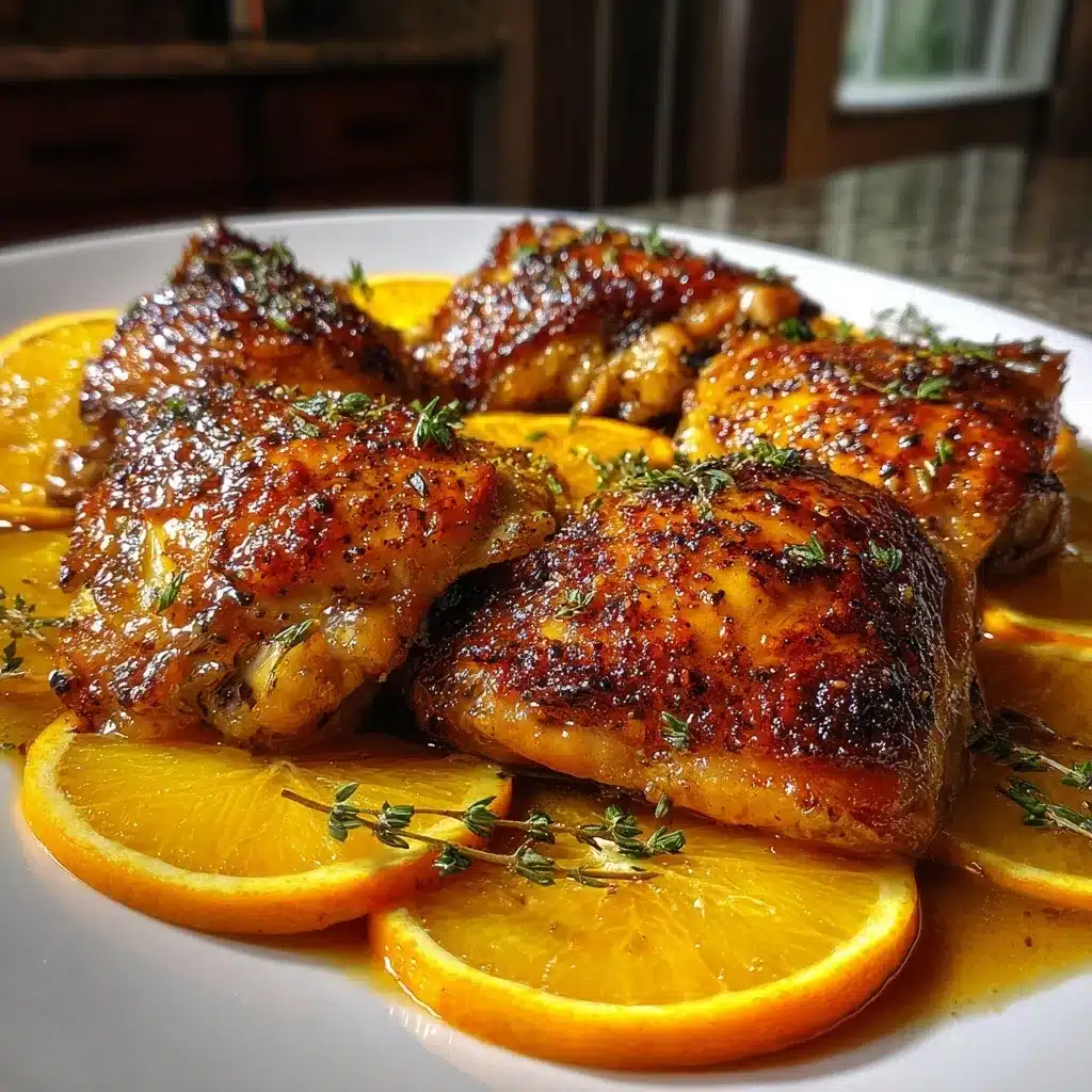 Roasted Orange Chicken with Crispy Skin and Lazy-Day Vibes 9 Roasted orange chicken with golden crispy skin, fresh orange slices, and thyme sprigs on a white plate, shot with iPhone 15 Pro in natural kitchen lighting.