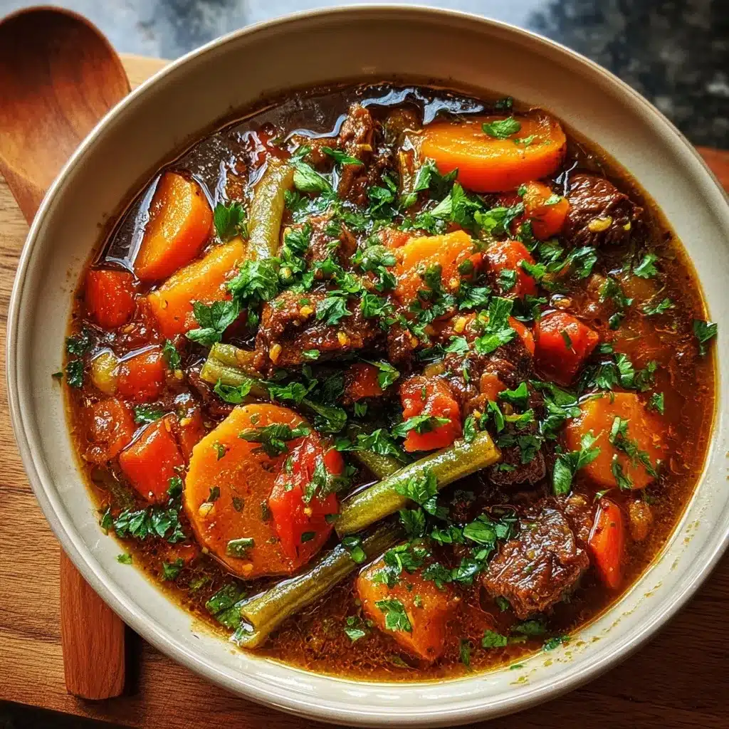 Hearty Vegetable Beef Soup with Fresh Herbs – Easy Comfort Food 9 Close-up of slow-cooked vegetable beef soup with juicy beef pieces, bright carrots, green beans, and fresh herbs in flavorful broth.